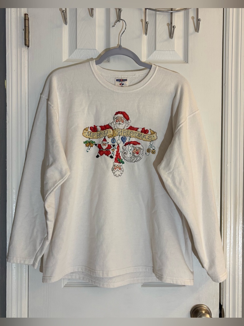 Vintage Jerzees Christmas Crewneck Sweatshirt Sz Medium White Cross Stitch Santa